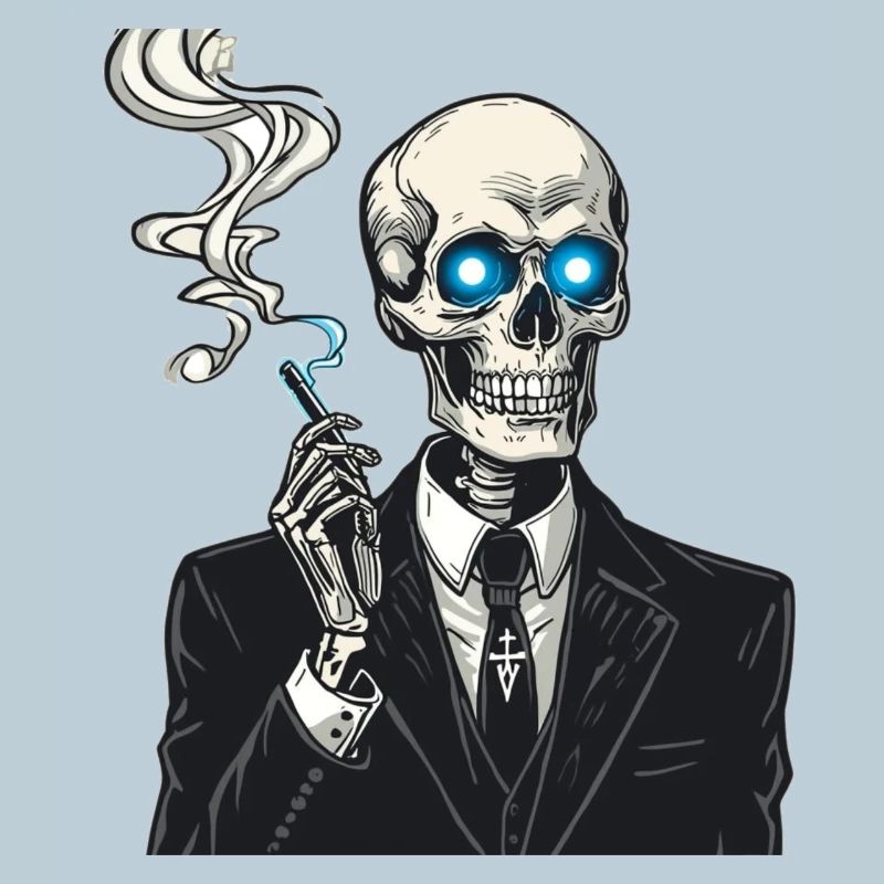 Skeleton in suit smoking cigar