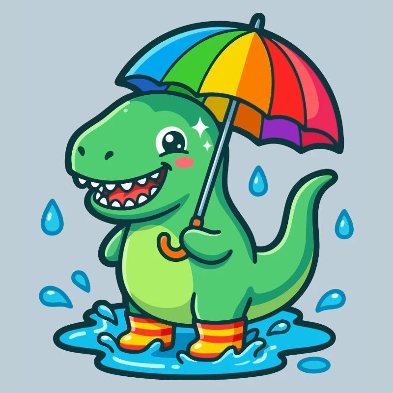 Dino mit buntem Regenbogenschirm