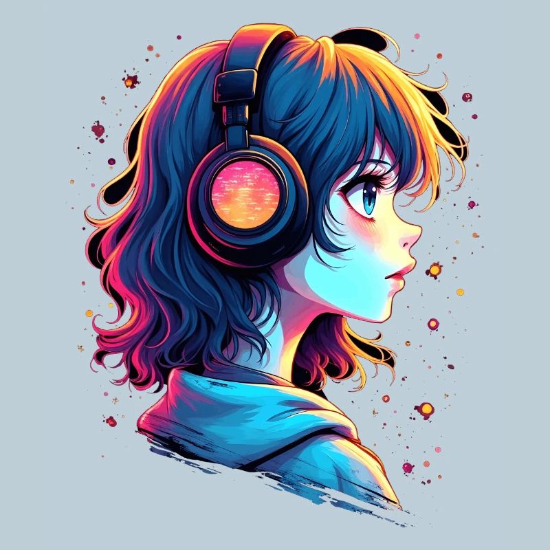 Neon Anime Portrait mit Kopfhörern