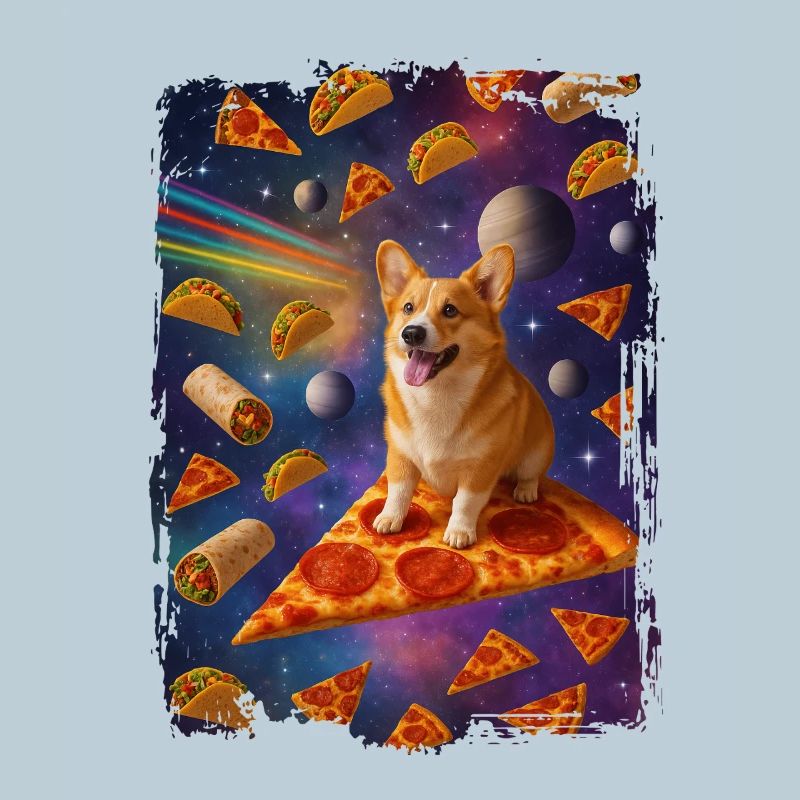 Rêve d'un chiot sur une pizza dans l'espace