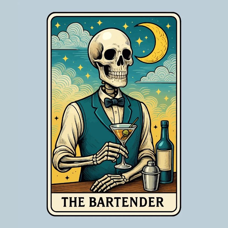Skeleton bartender with moon sky