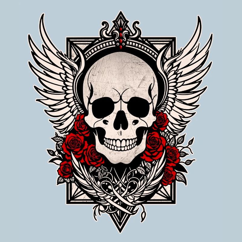 Tête de mort skull ailes d'ange roses rouges goth