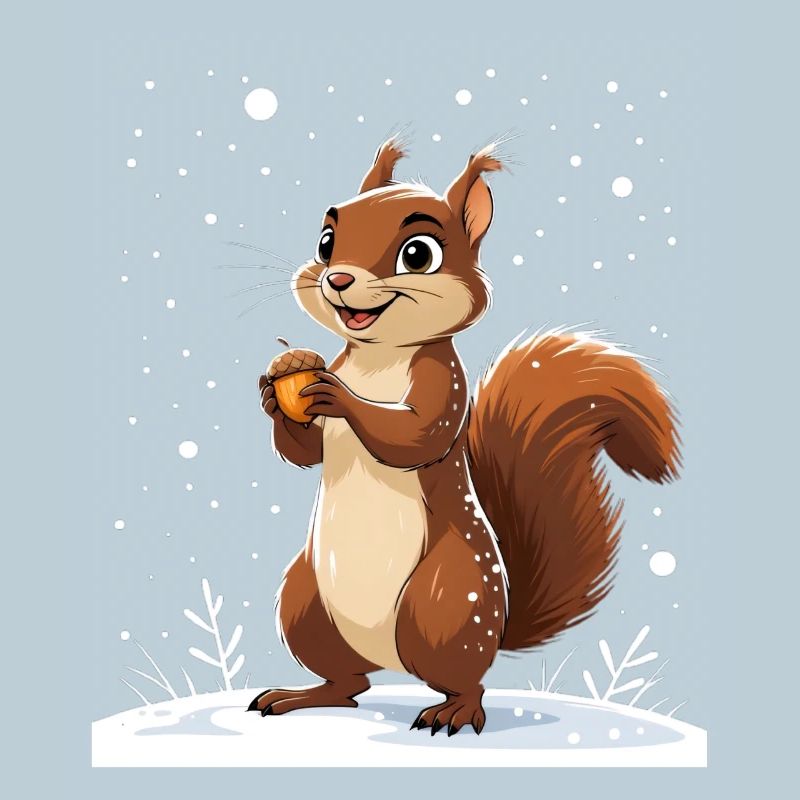 Winterliches Eichhörnchen mit Eichel