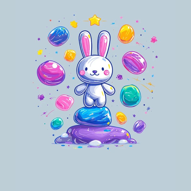 Cheerful bunny on colorful eggs