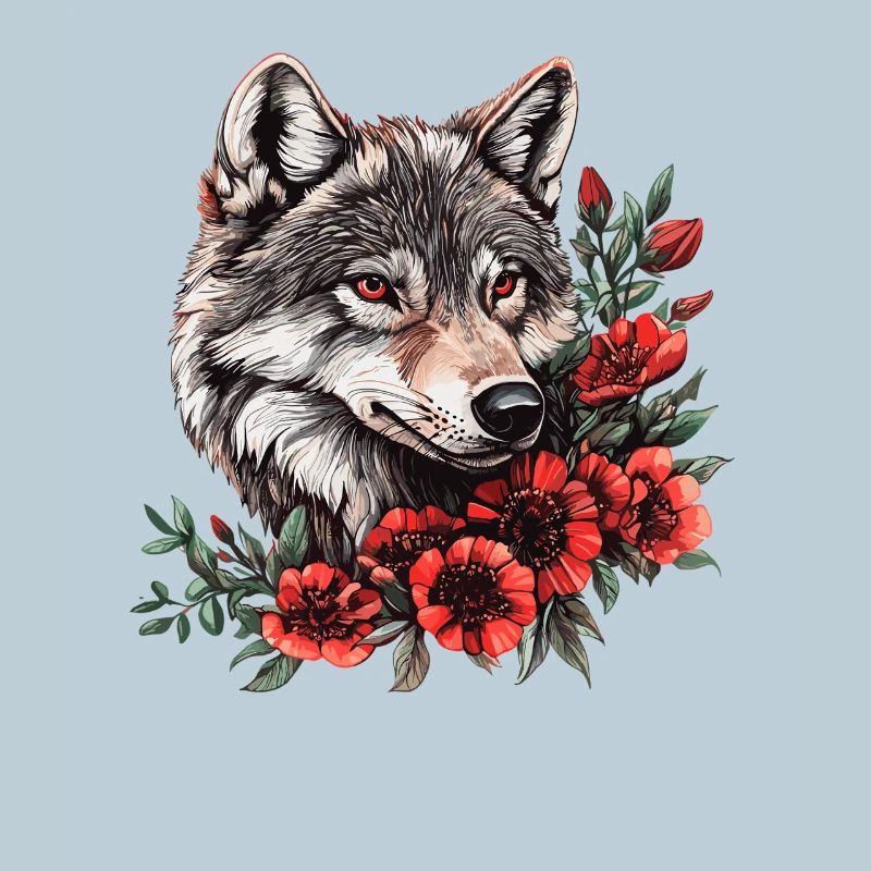 Wolf face with red flowers