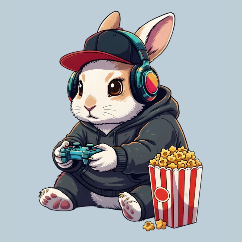 Rabbit Gamer mit Popcorn