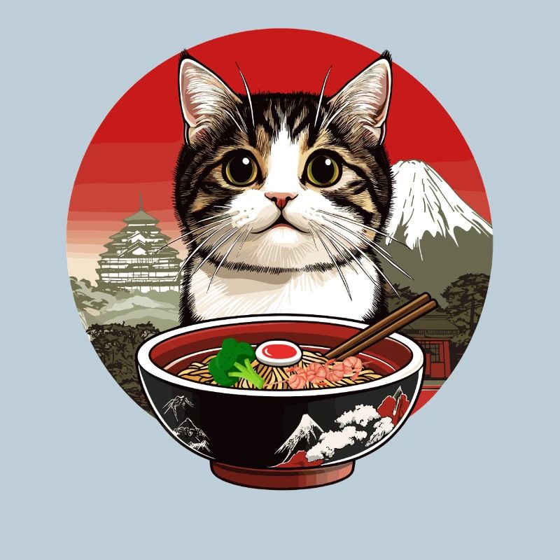 Chat avec des ramen devant le décor du Japon