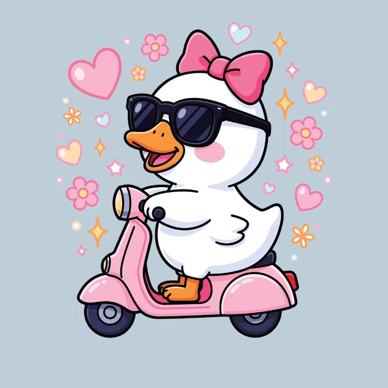Ente auf pinkem Roller mit Schleife