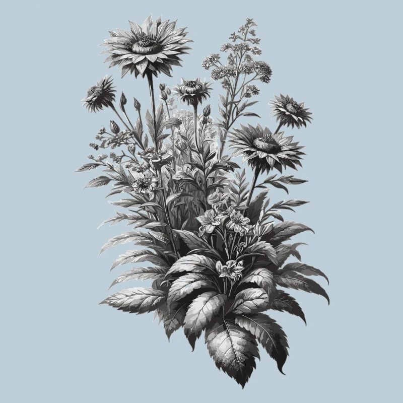 Graue Botanische Blumenbouquet Illustration