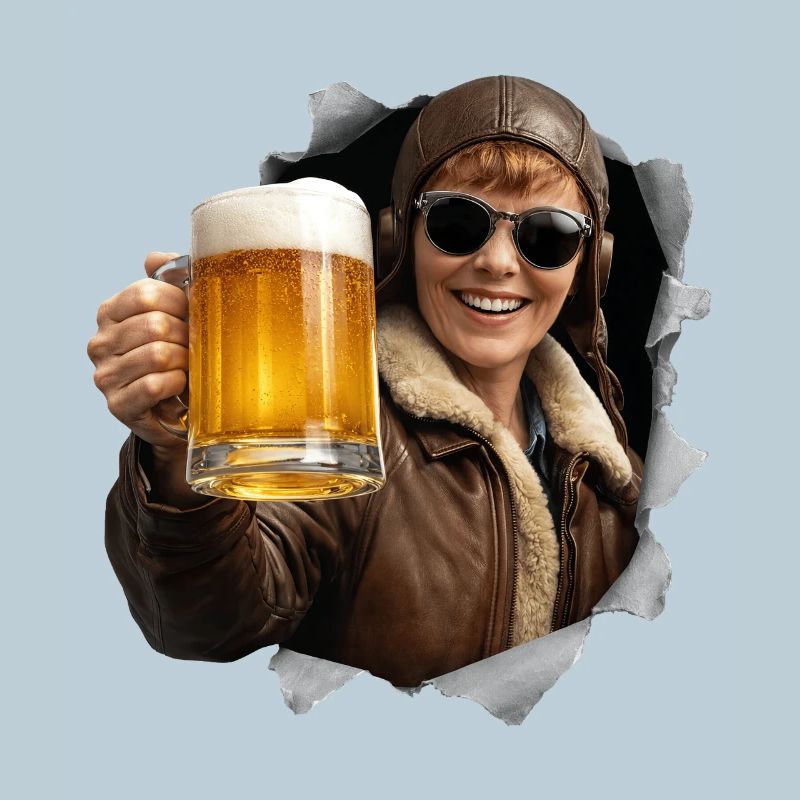 Amelia Earhart mit Sonnenbrille und Bier