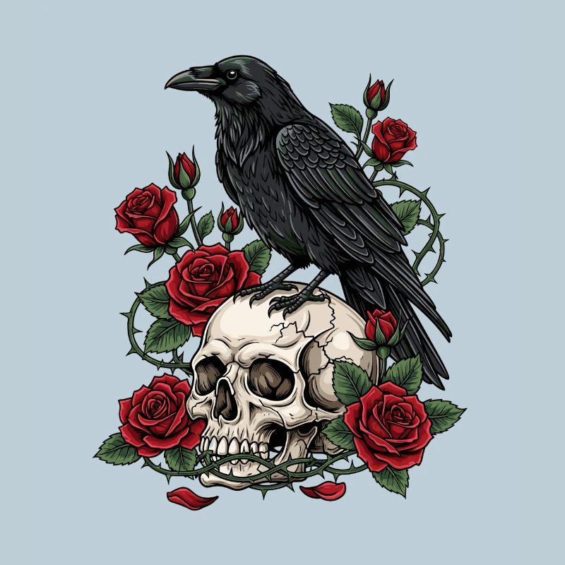 Mitternachtskrähe auf Totenkopfrosen