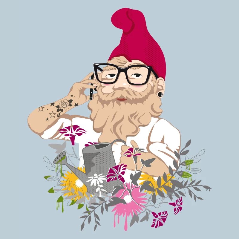Ein Gartenzwerg als Hipster mit Brille und Tattoos