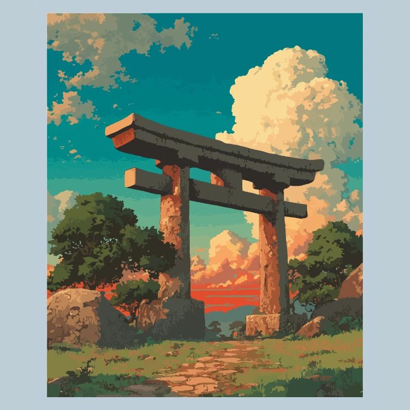 Sunset Behind Traditional Torii Gate