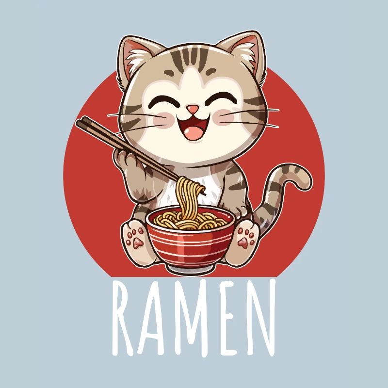 Retro Kawaii Cat Eats Ramen