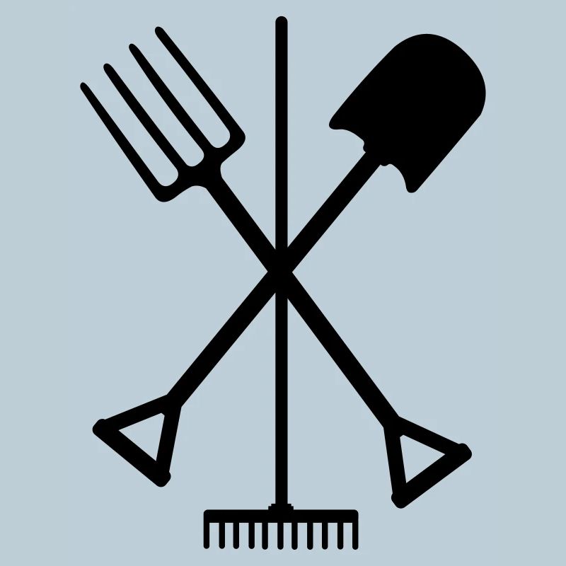 Garden tools shovel rake and pitchfork crossed
