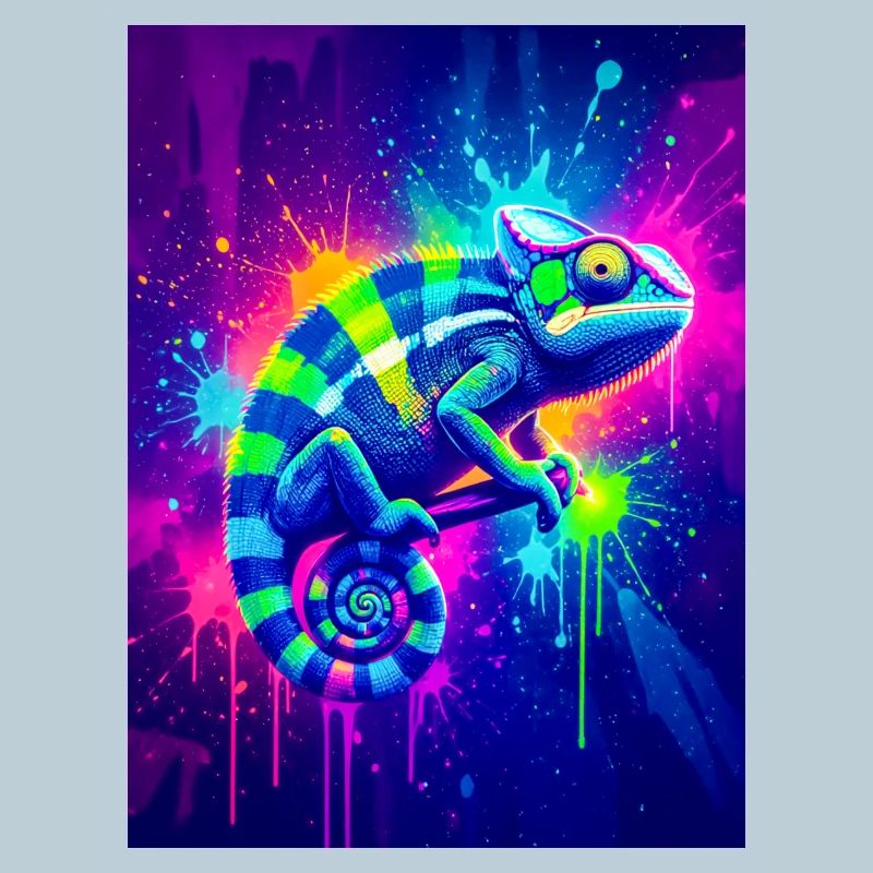A neon chameleon bursts into shifting waves 