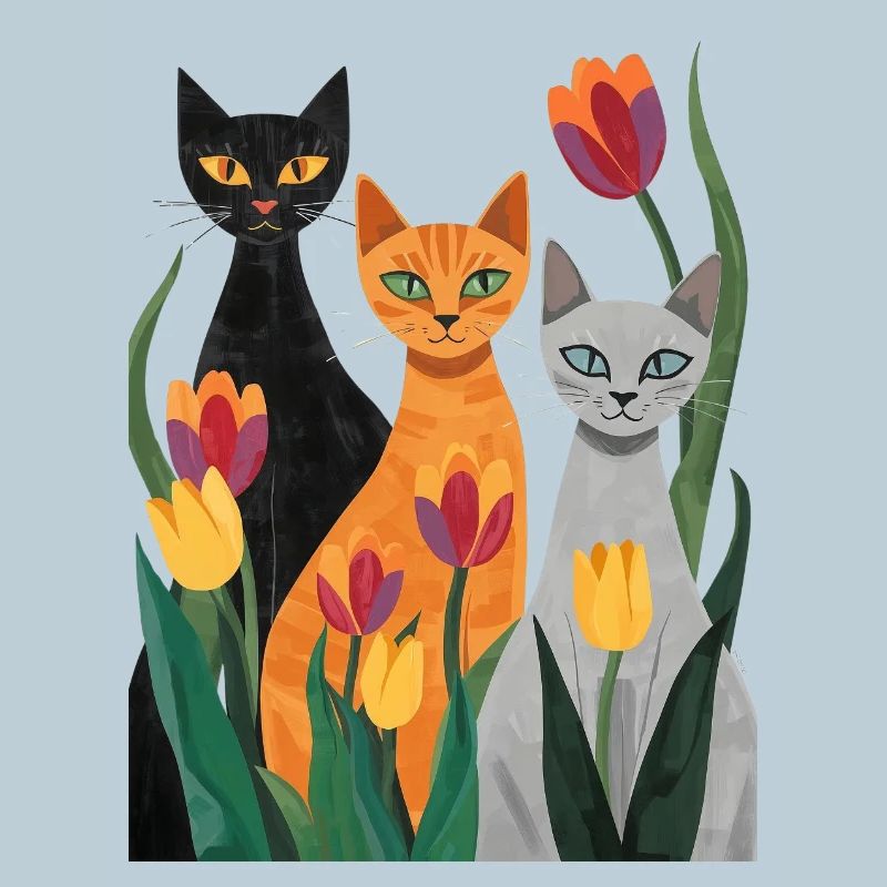 Three stylized cats: black, gray, orange