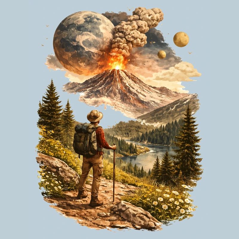 Des randonneurs devant un volcan en éruption et un monde étrange