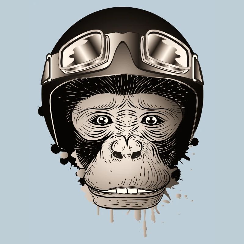 Chimpanzee with retro motorcycle helmet and goggles