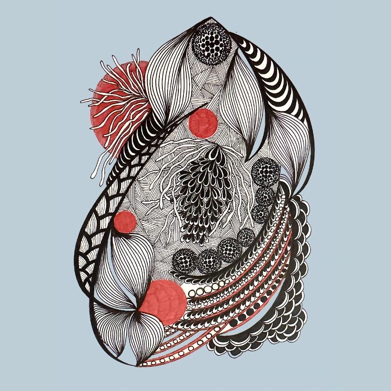 Line flowers pattern with red accent