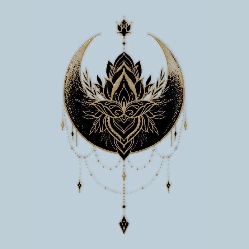 Superbe lune noire dorée avec fleur de lotus.