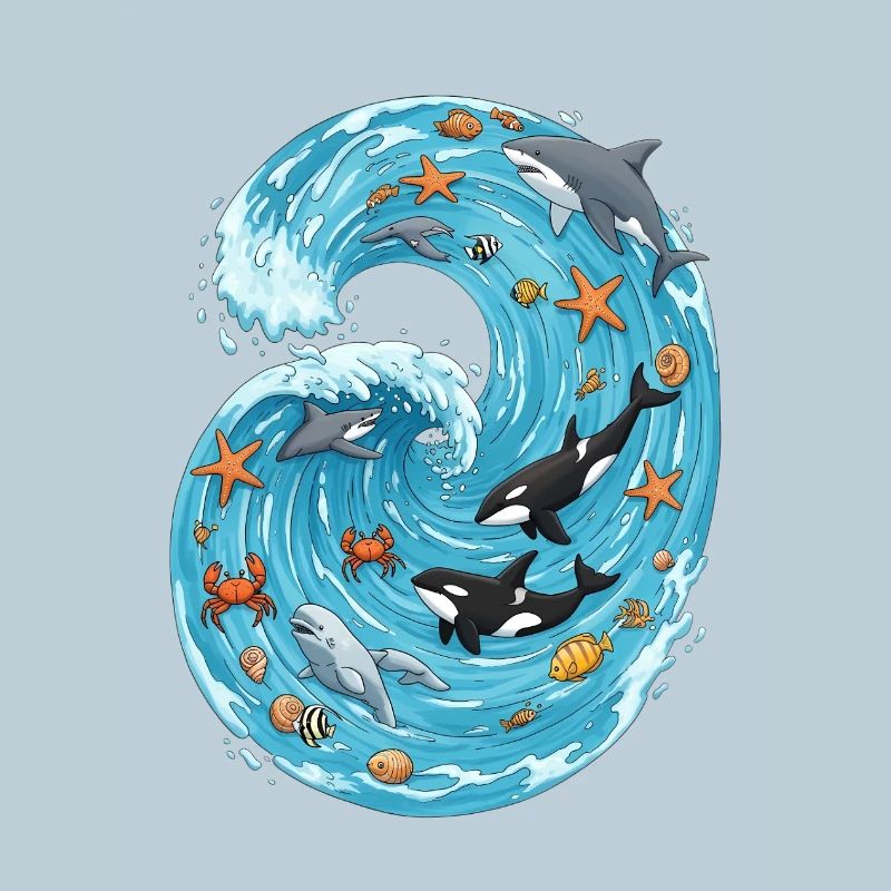 Sea wave with sea creatures