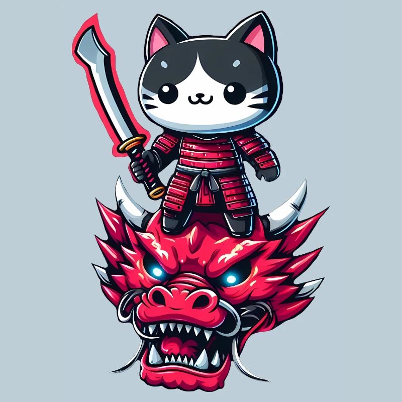 Samurai-Katze mit Schwert auf Drache in epischem 3D-Effekt