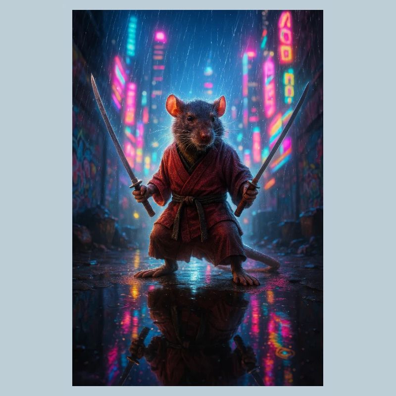 Rat Ninja with Katanas in a Neon Cityscape