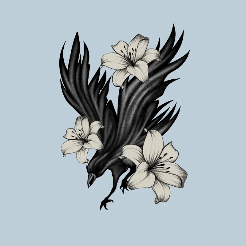Corbeau noir avec lys blancs