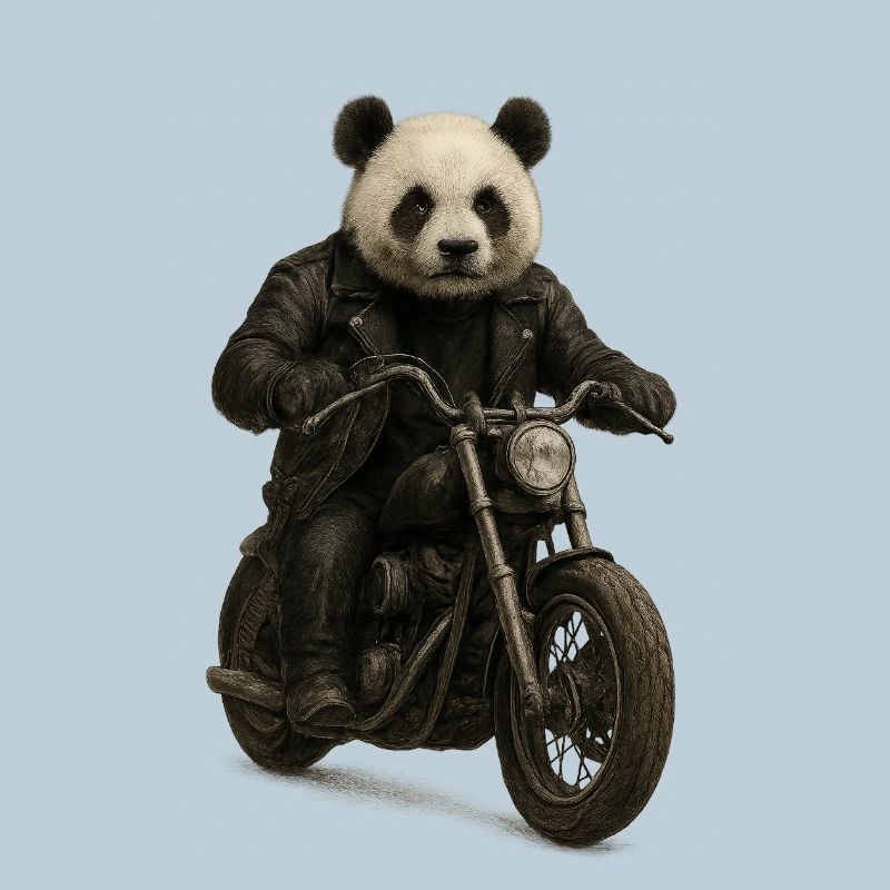 Leather Panda Biker on Motorcycle