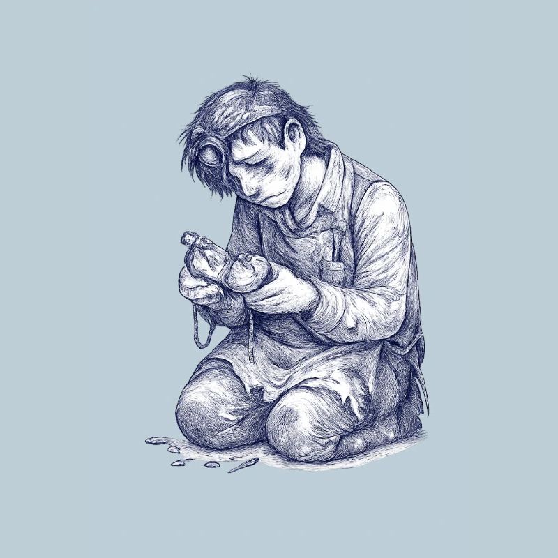 Artisan à genoux | Dessin peint à la main