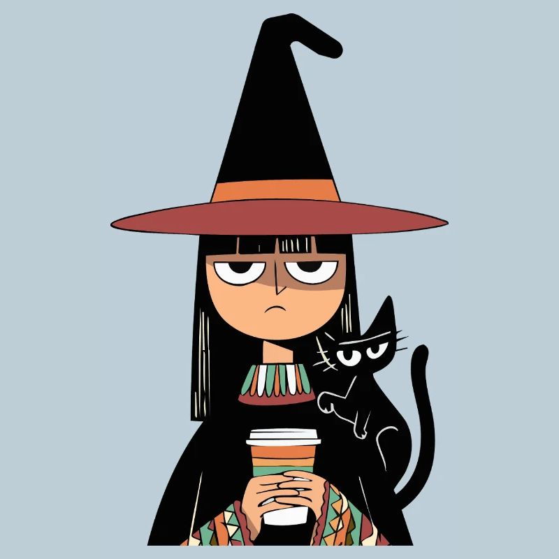 Grumpy Witch with Coffee and Black Cat – Halloween
