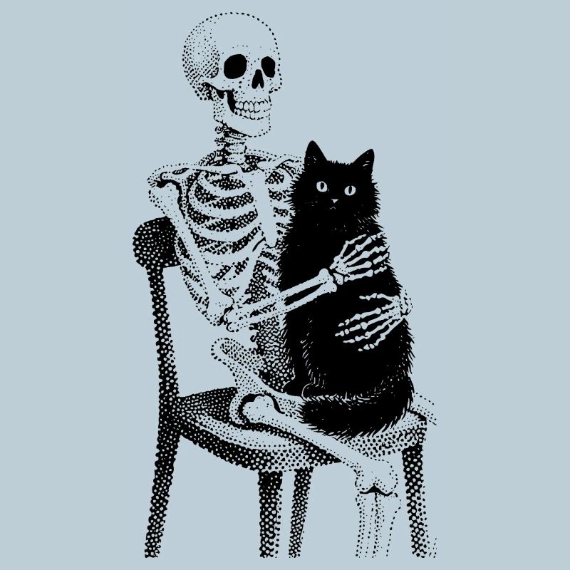 Skeleton with cat on lap