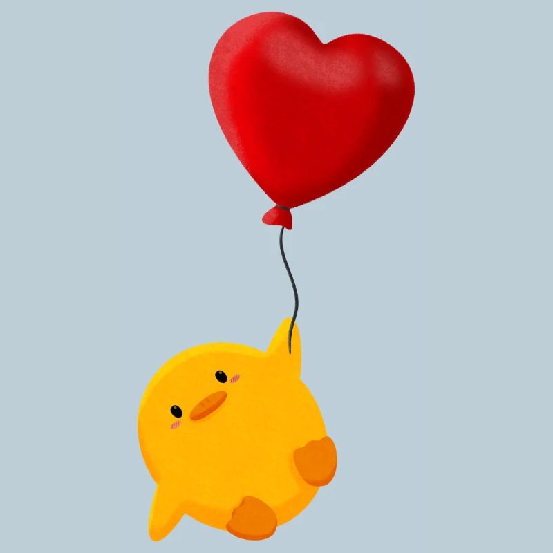 Cute chick floats on heart balloon