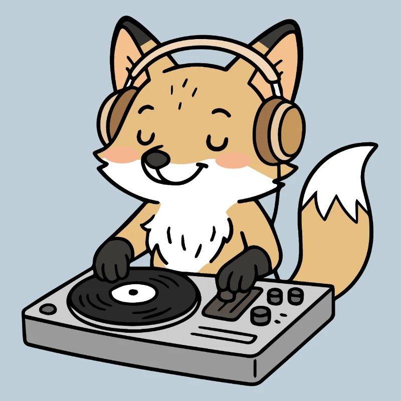 A fox as a DJ with headphones at the mixing desk