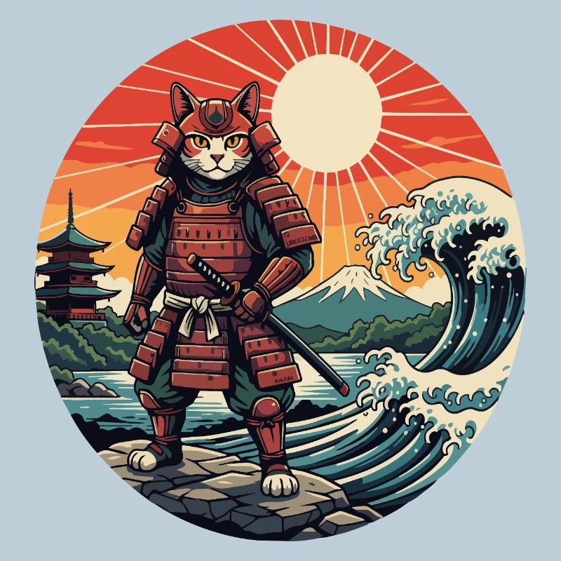 Le chat samouraï aux vagues du coucher du soleil