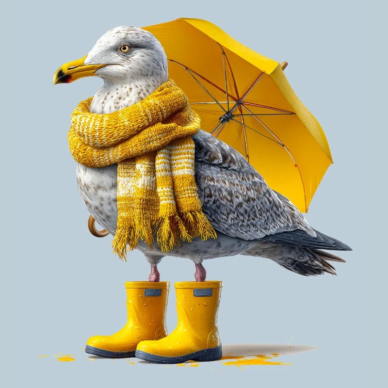 Seemöwe mit Gelbem Regenschirm und Boots