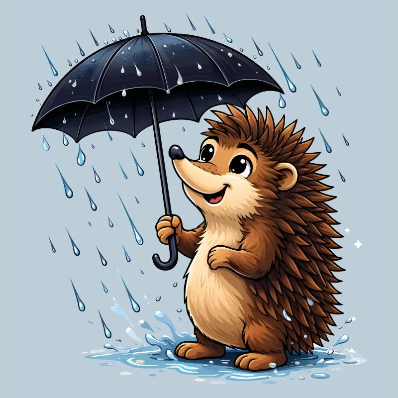 Fröhlicher Igel mit Regenschirm im Regen