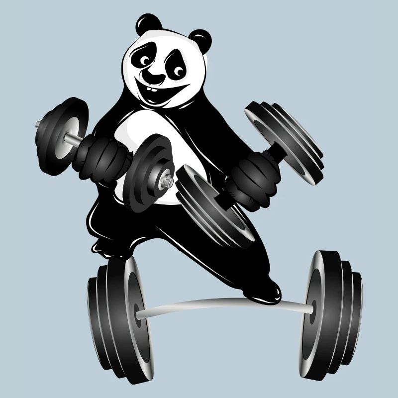 Bodybuilder panda bear with dumbbells while exercising