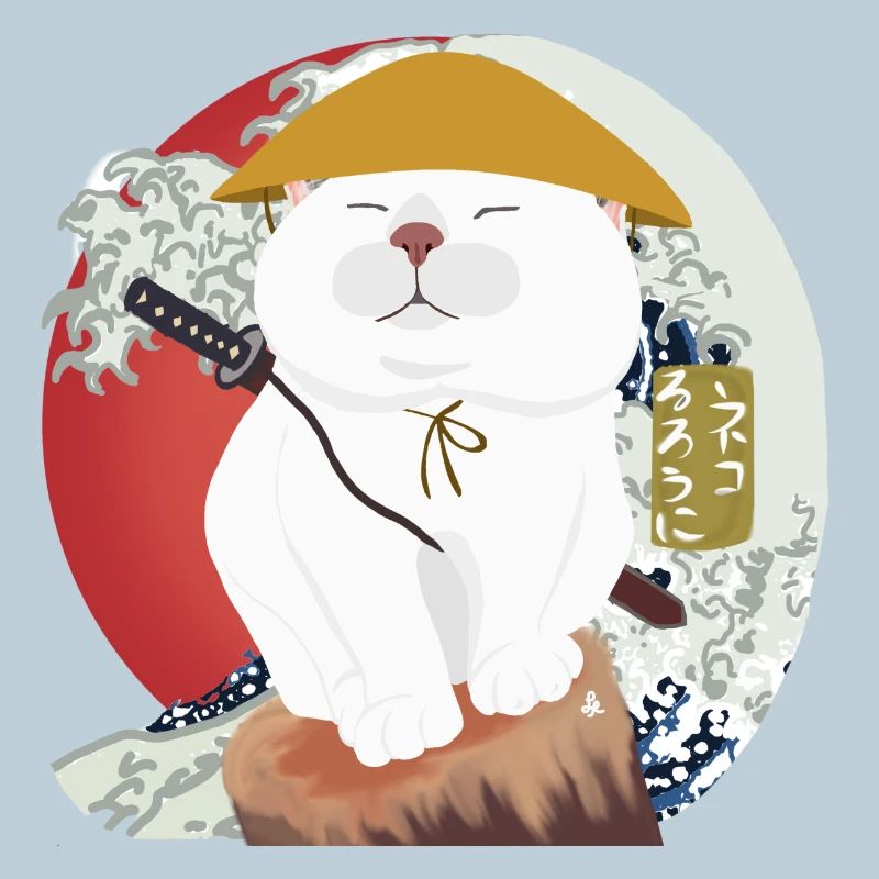 Samurai Katze sitzt auf dem Holz