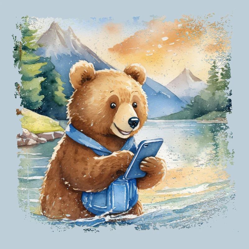 Mignon jeune ours brun avec téléphone portable