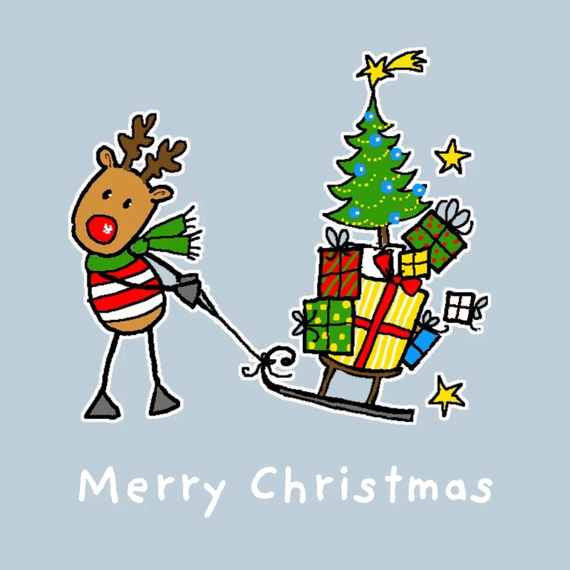 Reindeer pulls tree and gifts on sleigh