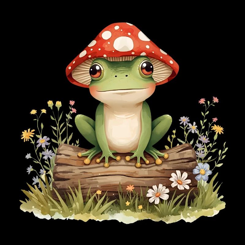Grenouille aquarelle avec chapeau de champignon sur tronc d’arbre