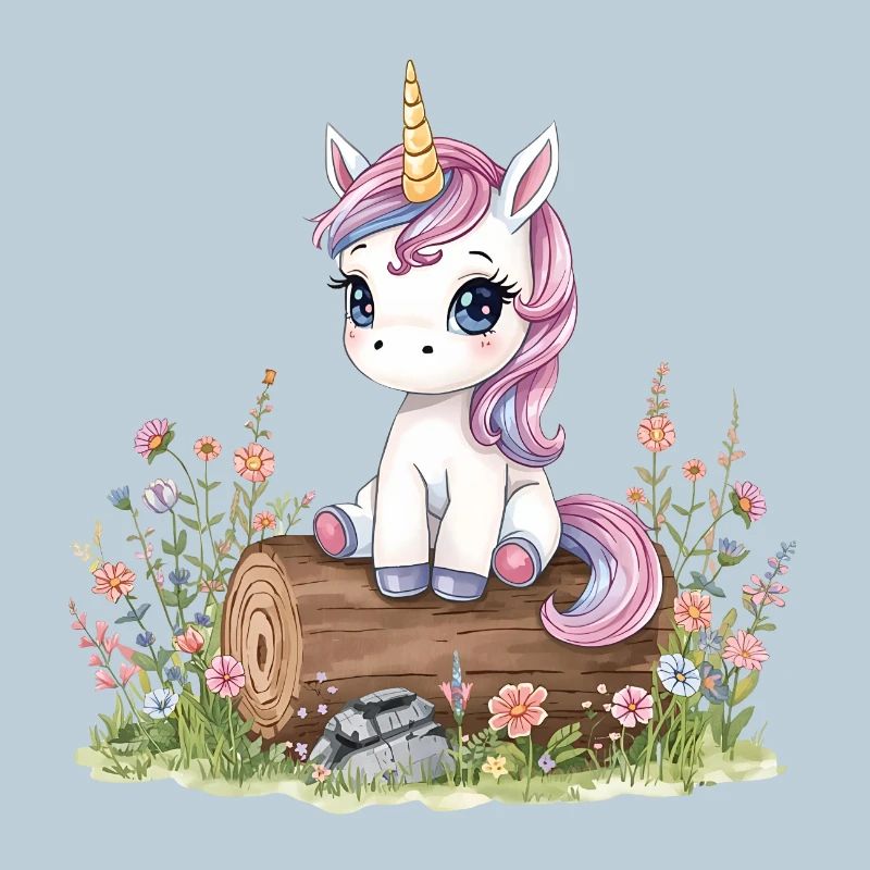 Aquarell Einhorn auf Baumstamm mit Blumen