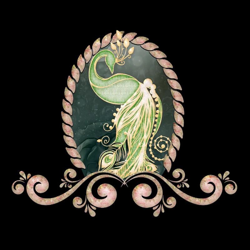 A majestic peacock in gold and green.