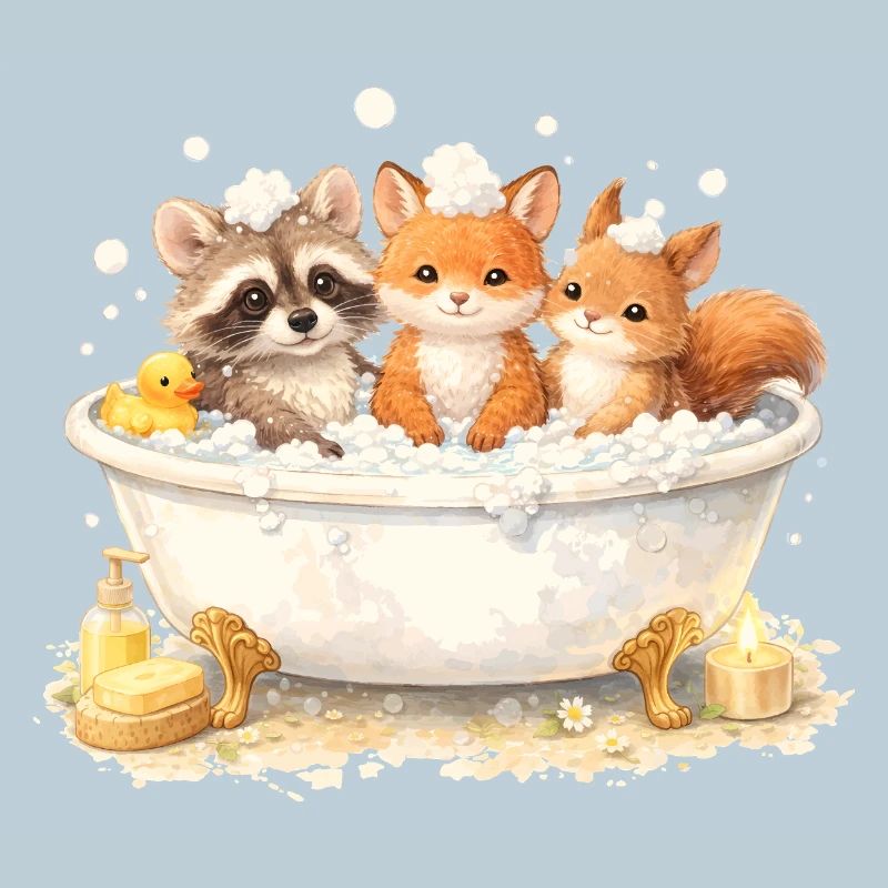 Cute Forest Animals Bathing Illustration
