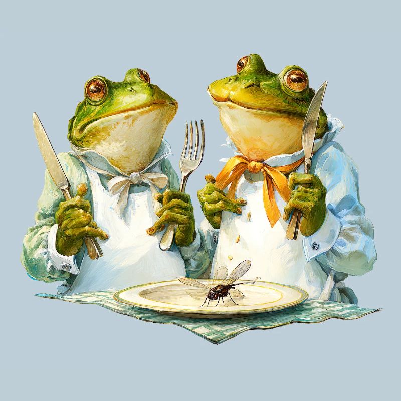 Frog cooks at the table