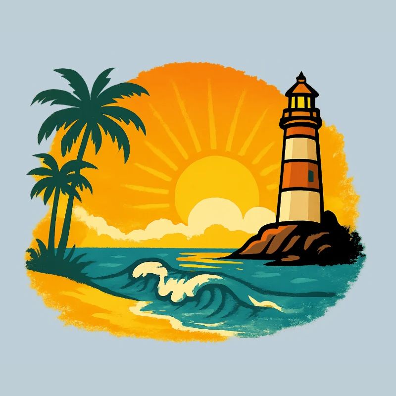 Coucher de soleil avec phare sur une plage tropicale