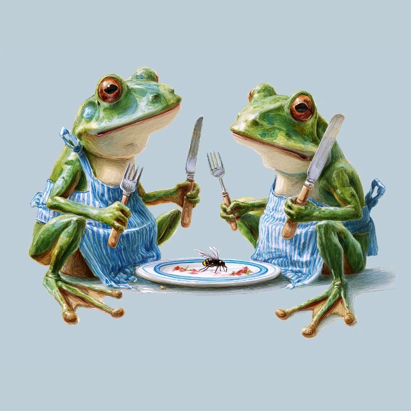 Two frog cooks at dinner
