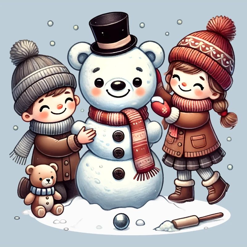 Winterspaß: Kinder bauen einen Teddy-Schneemann